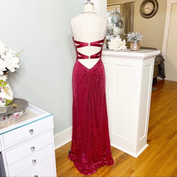 La Femme Red Sequin Strapless Formal Dress Prom Evening Gown Mermaid Size 4 - Picture 5 of 11